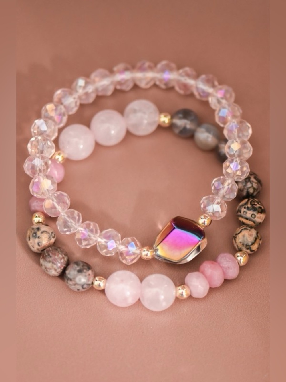 Rose Quartz & Iridescent Glass Beaded Bracelet Set